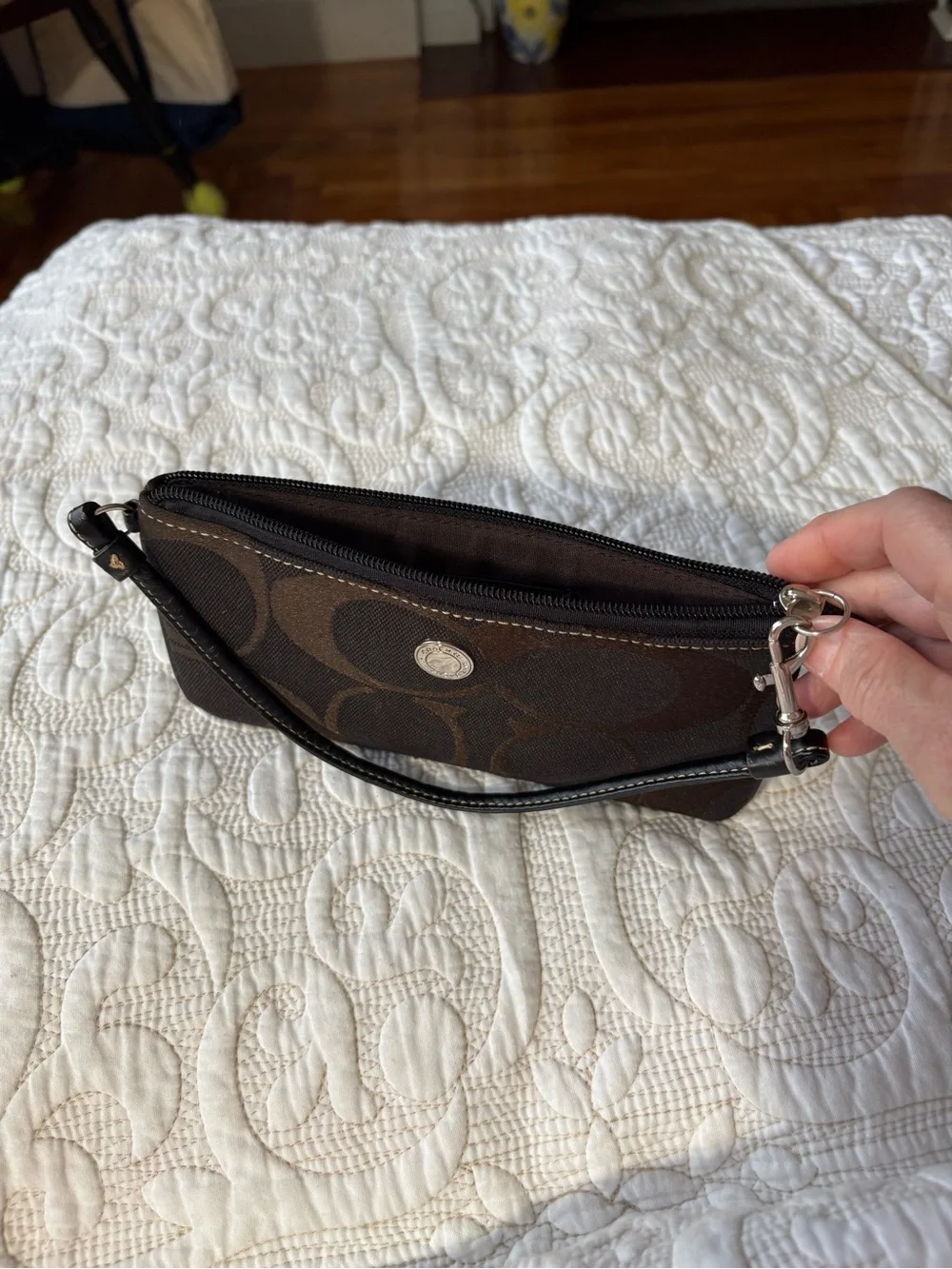 Coach Dark Brown Signature Canvas Wristlet Clutch